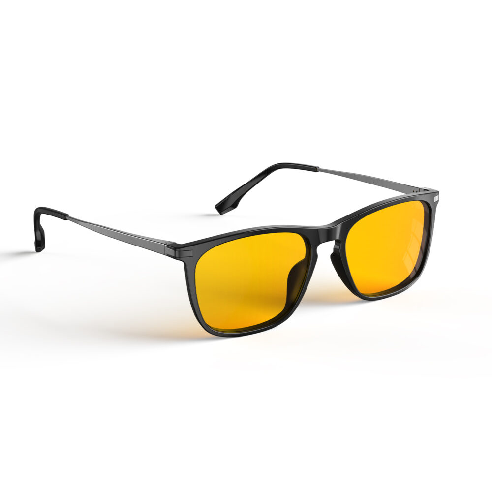 A Right side view of Gloojo Amber Shield Amber Lens Rectangle Light Sensitivity Glasses – Black Gunmetal