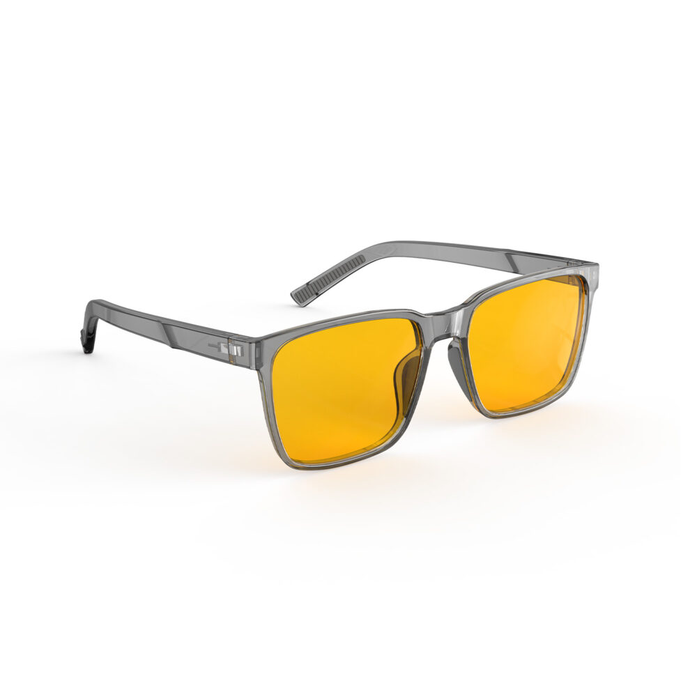 A Right side view of Gloojo Amber Shield Classic Square Light Sensitivity Glasses - Grey