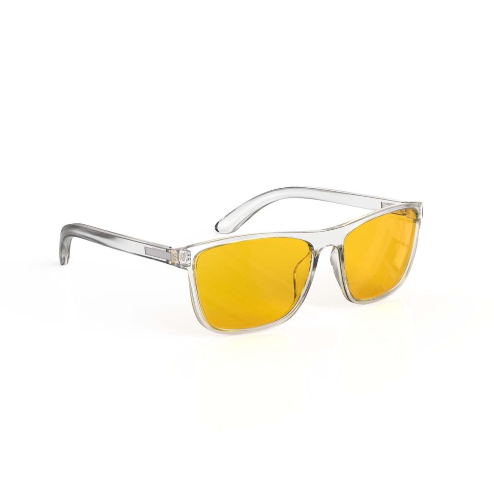 A Right side view of Gloojo AmberShield Amber Lens wayfarer Light Sensitivity Glasses – Clear A Right side view of Gloojo Amber Shield Amber Lens wayfarer Light Sensitivity Glasses – Clear