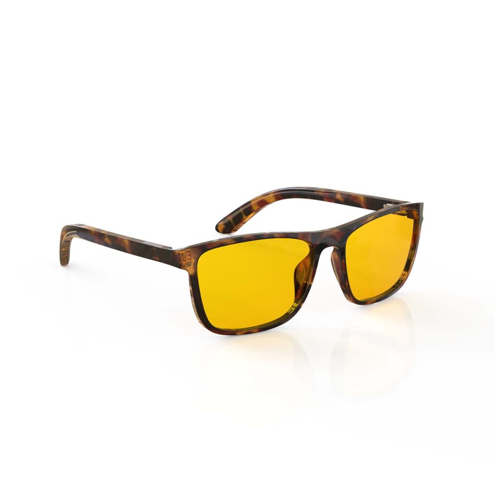 A Right side view of Gloojo AmberShield Amber Lens wayfarer Light Sensitivity Glasses – Tortoiseshell A Right side view of Gloojo Amber Shield Amber Lens wayfarer Light Sensitivity Glasses – Tortoiseshell