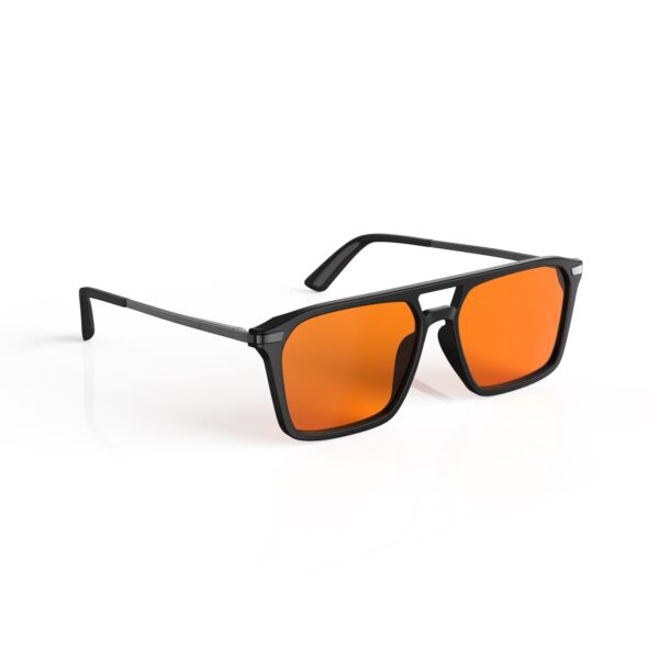 A Right side view of Gloojo NightEase Orange Lens Square Aviator Sleep Glasses – Black Gunmetal