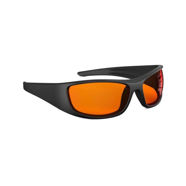 A Right side view of Gloojo Night Ease Orange Lens Warp Around Sleep Glasses – Black