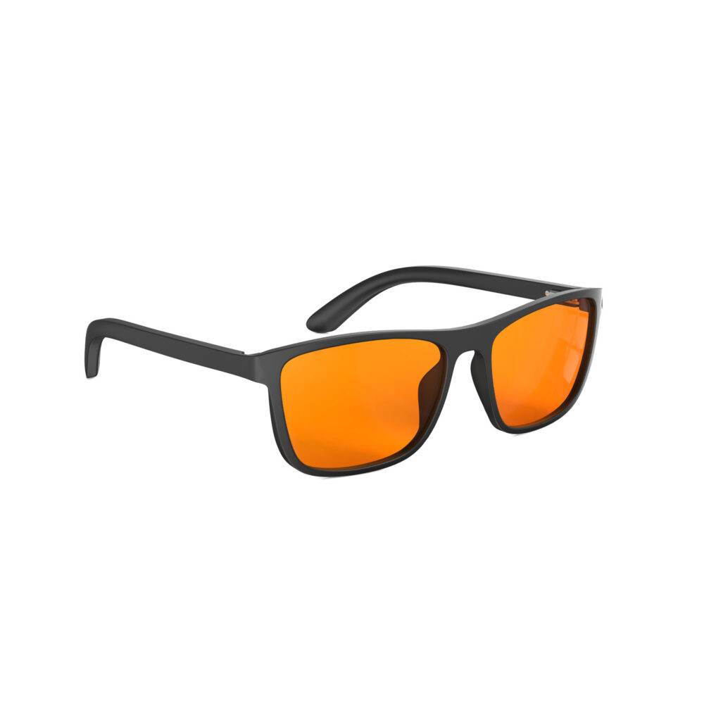 A Right side view of Gloojo NightEase Orange Lens wayfarer Sleep Glasses-black A Right side view of Gloojo Night Ease Orange Lens wayfarer Sleep Glasses-black