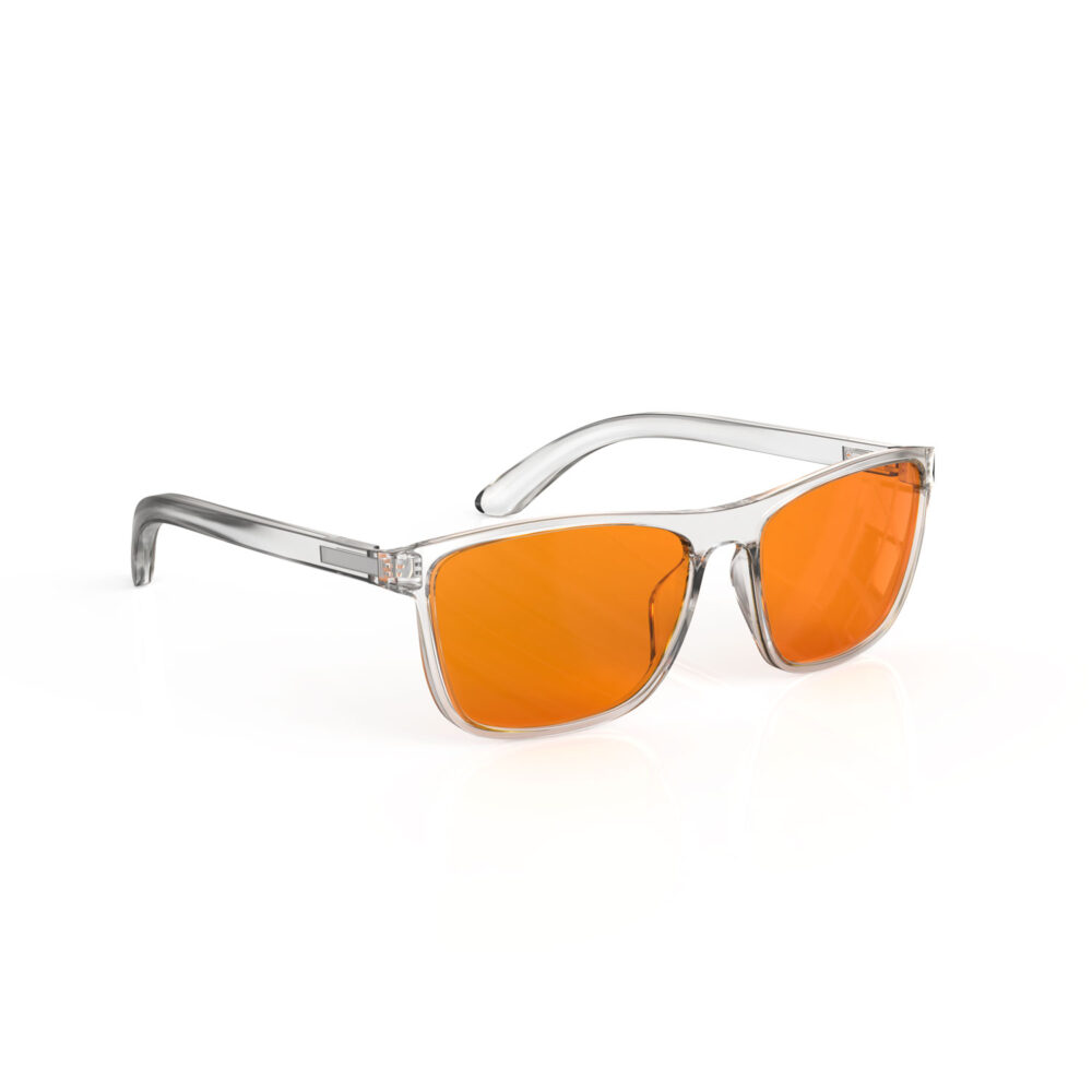 A Right side view of Gloojo NightEase Orange Lens wayfarer Sleep Glasses-clear A Right side view of Gloojo Night Ease Orange Lens wayfarer Sleep Glasses-clear