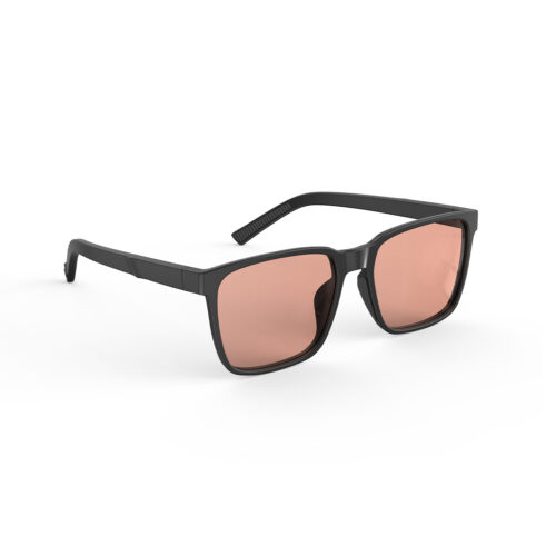 A Right side view of Gloojo Rose Relief Classic Square Pink Migraine Glasses - Black