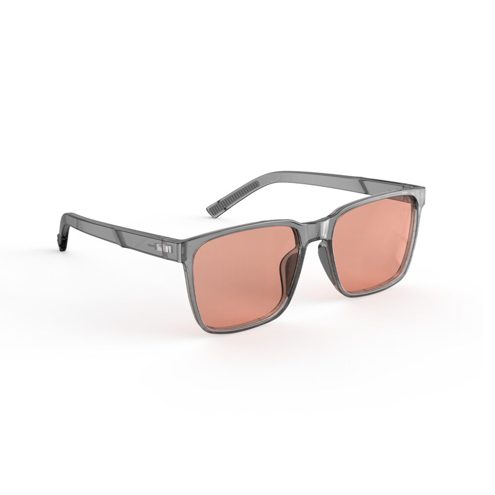 A Right side view of Gloojo Rose Relief Classic Square Pink Migraine Glasses - Grey