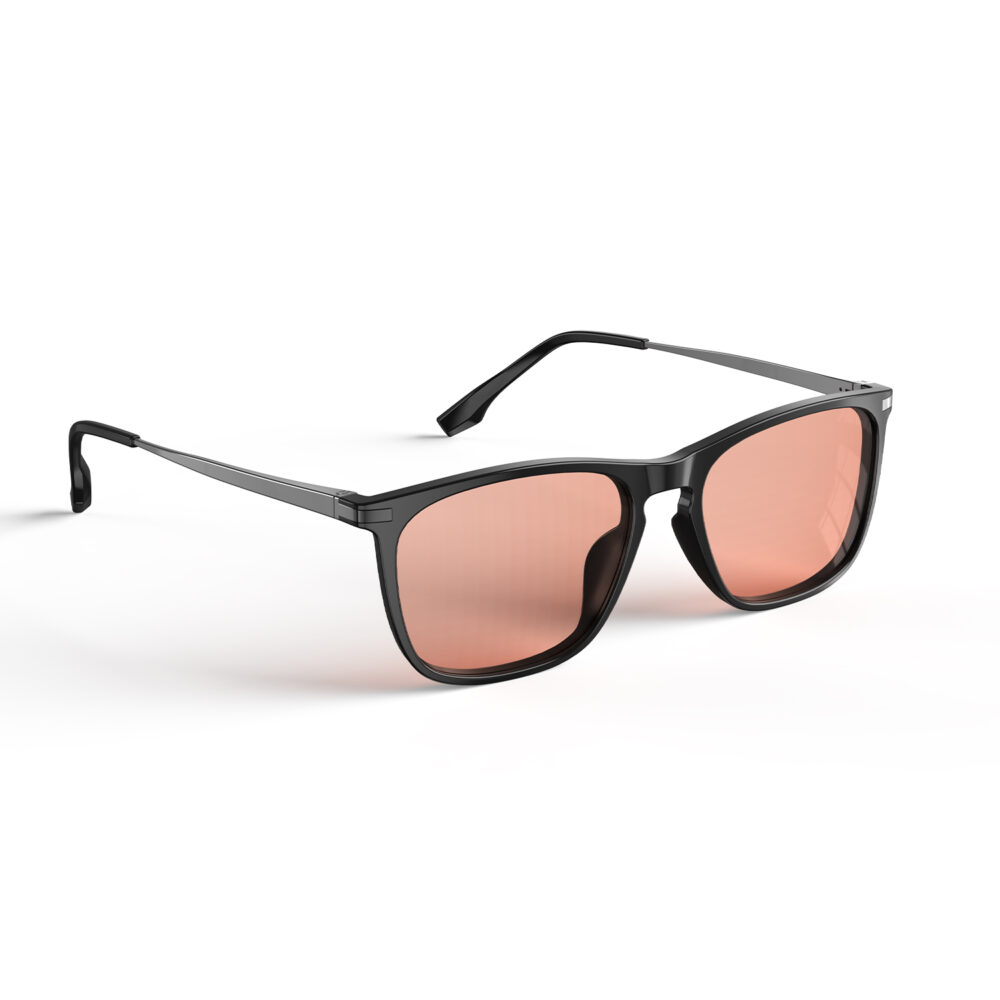A Right side view of Gloojo Rose Relief Rose Lens Rectangle Migraine Glasses – Black Gunmetal