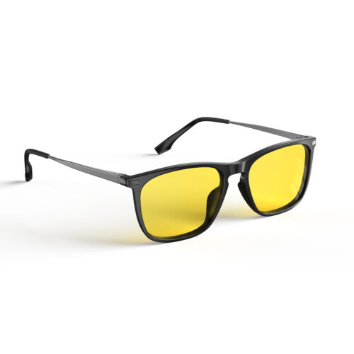A Right side view of Gloojo Sun Boost Yellow Lens Rectangle Screen Glasses – Black Gunmetal