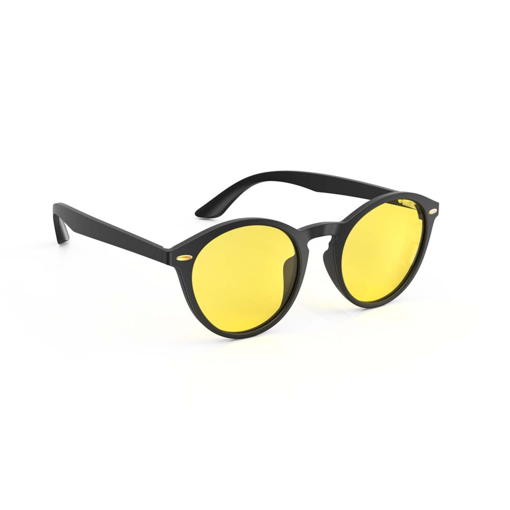 A Right side view of Gloojo Sun Boost Yellow Lens Round Screen Glasses – Black