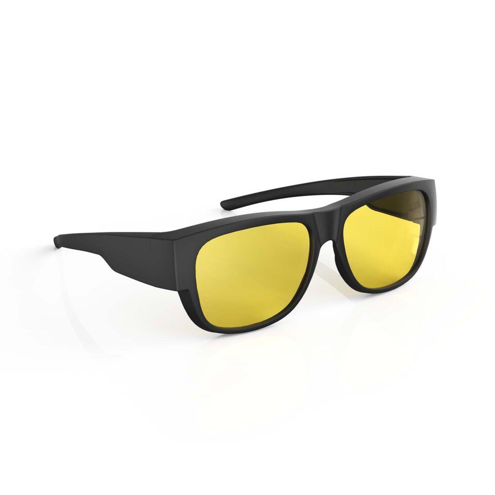A Right side view of Gloojo Sun Boost Yellow Lens Square Fitover Screen Glasses – Black