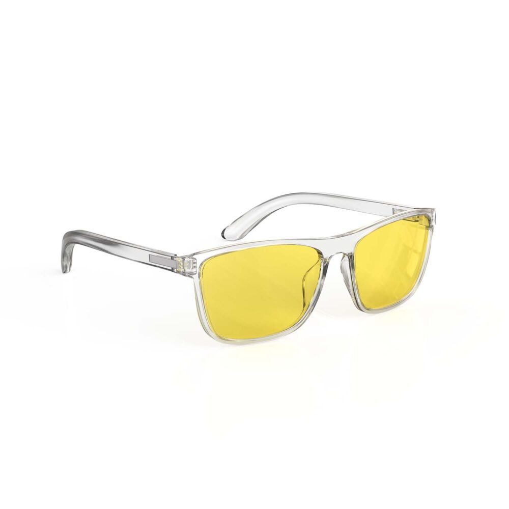 A Right side view of Gloojo Sun Boost Yellow Lens wayfarer Screen Glasses – CLear