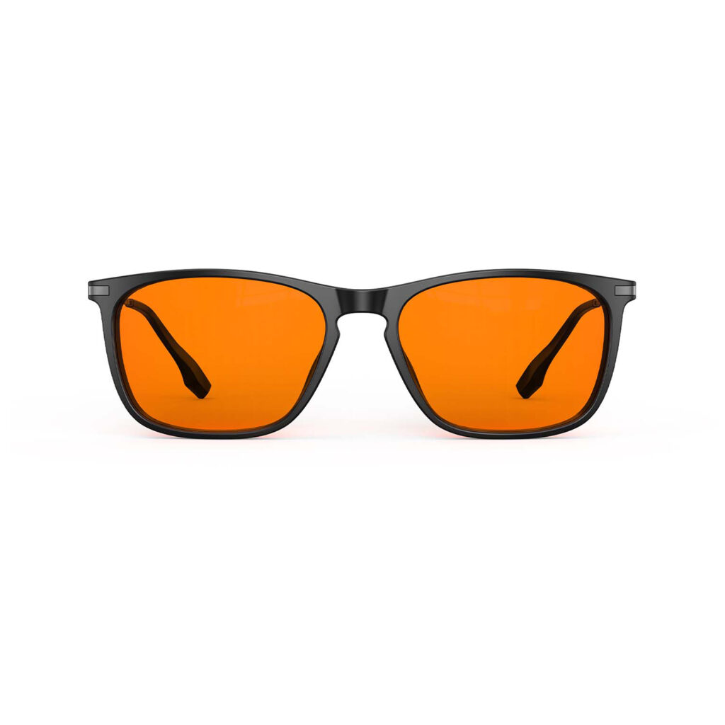 A front view of Gloojo Night Ease Rectangle Orange Tinted Lens Glasses for Night-Black Gunmetal
