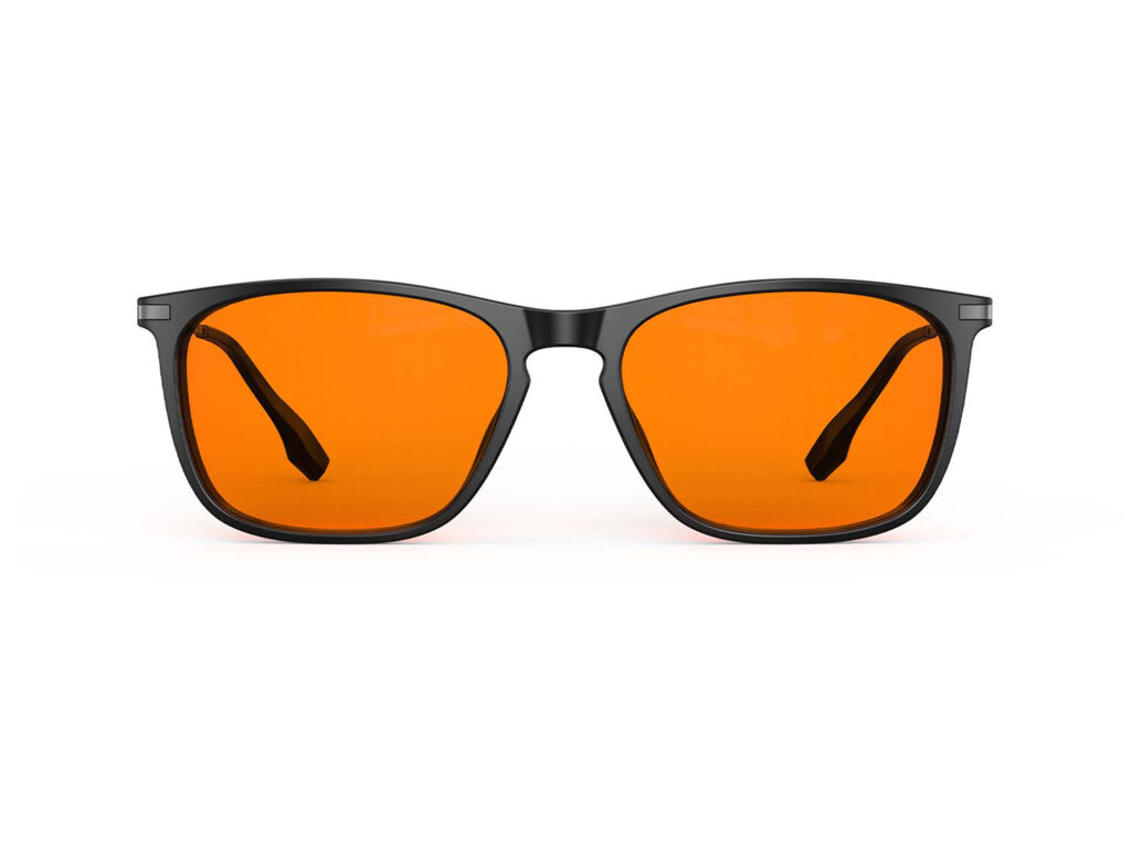 A front view of Gloojo Night Ease Rectangle Orange Tinted Lens Glasses for Night-Black Gunmetal A front view of Gloojo Night Ease Rectangle Orange Tinted Lens Glasses for Night-Black Gunmetal