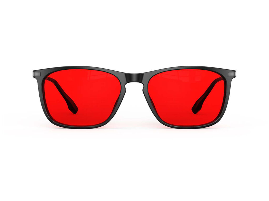 A front view of Gloojo Night Ease Rectangle Red Tinted Lens Glasses for Night-Black Gunmetal