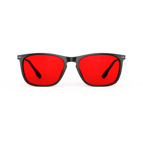 A front view of Gloojo Night Ease Rectangle Red Tinted Lens Glasses for Night-Black Gunmetal