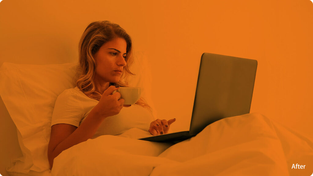 After Wearing Orange Lens Glasses Reduced blue light exposure for greater eye comfort and relaxation during evening screen use for work