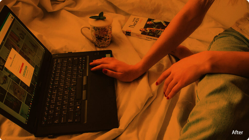After Wearing Orange Lens Glasses Reduced blue light exposure for greater eye comfort and relaxation during evening screen use with laptop