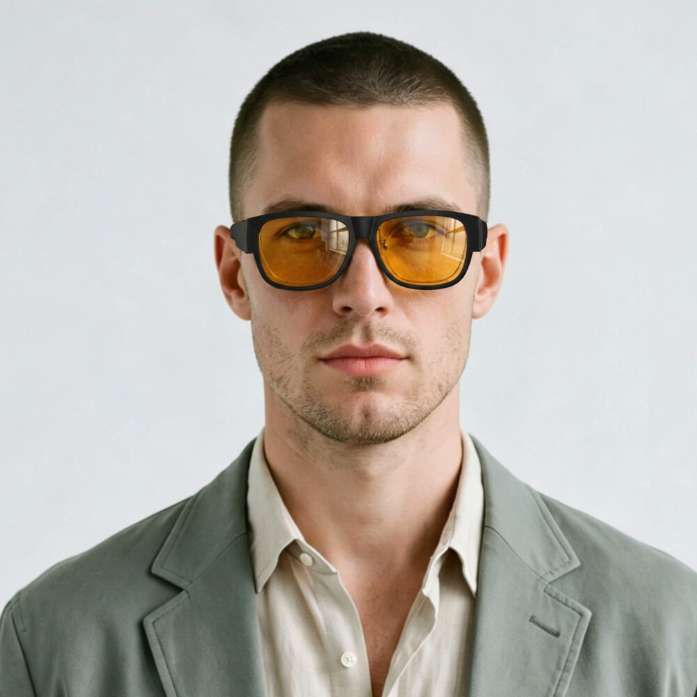 Amber Shield Square Fitover Light Sensitivity Glasses – Regular Fit Male Model wearing Amber Shield Square Fitover Light Sensitivity Glasses – Regular Fit