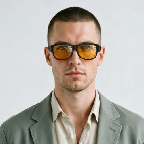 Amber Shield Square Fitover Light Sensitivity Glasses – Regular Fit Male Model wearing Amber Shield Square Fitover Light Sensitivity Glasses – Regular Fit