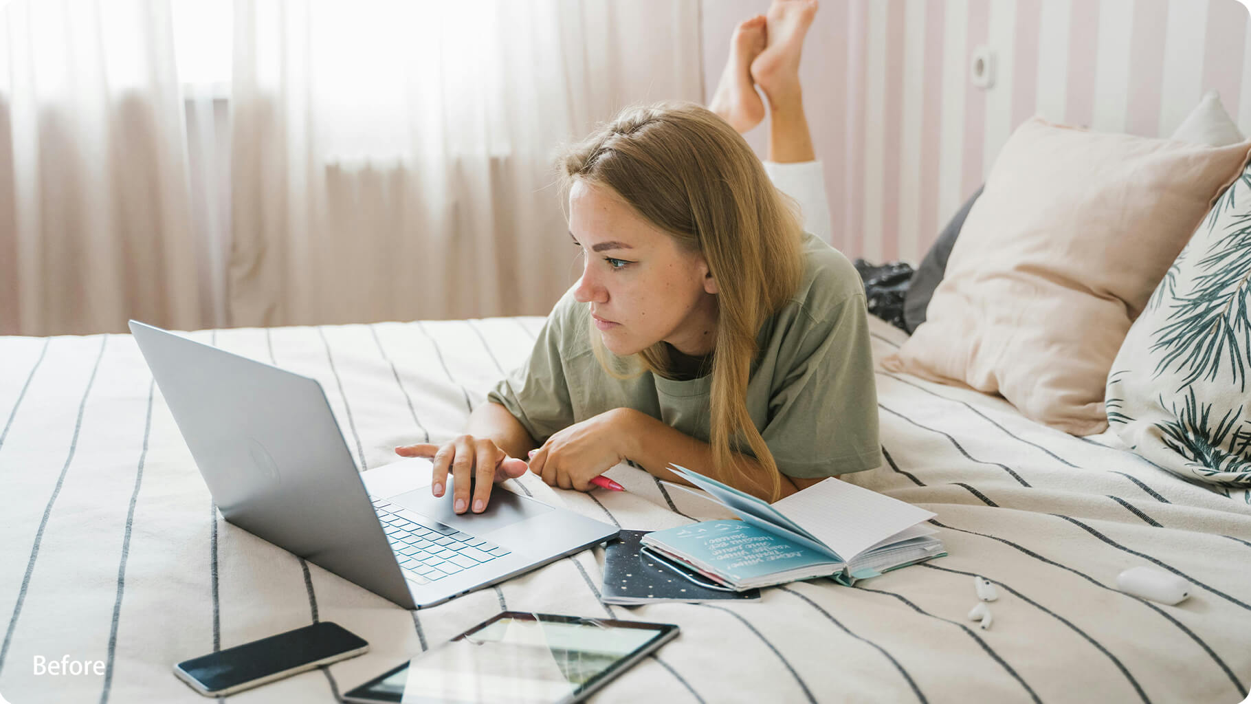 Before Wearing Orange Lens Glasses Exposed to harsh blue light from digital screens, causing eye strain and discomfort during work from home