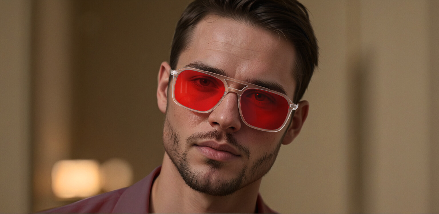 Front view of man wearing Night Ease™ Oval Aviator Red Lnes Sleep Glasses