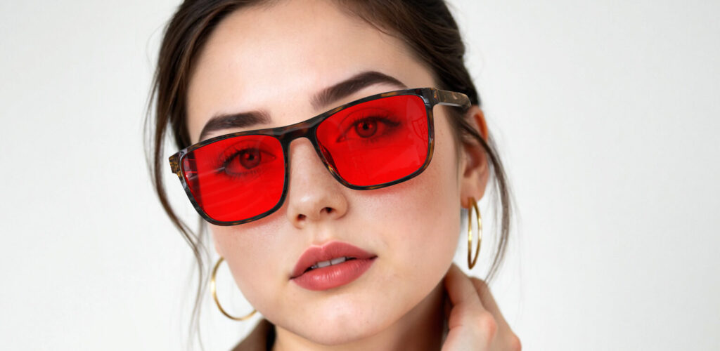 Front view of woman wearing Night Ease™ Wayfarer Red Lens Sleep Glasses