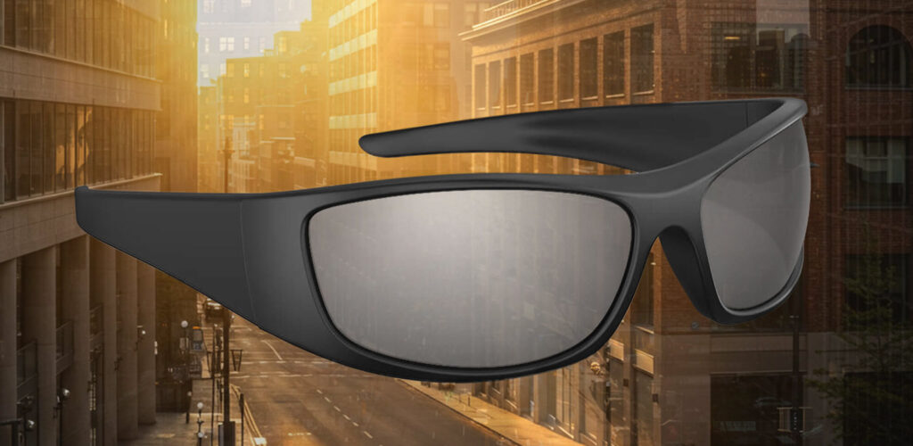 Gloojo Shade Master Silver Mirrored Wrap Around Sunglasses Suitable for Sunny day in the city with strong sunlight and reflections on the glass