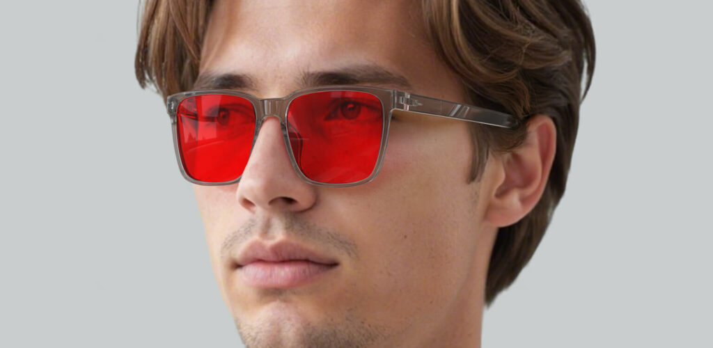 Left side view of man wearing Night Ease™ Square Red Lens Sleep Glasses