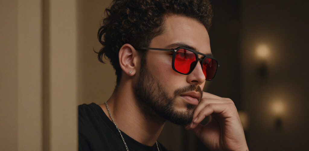 Right side view of man wearing Night Ease™ Oval Aviator Red Lnes Sleep Glasses