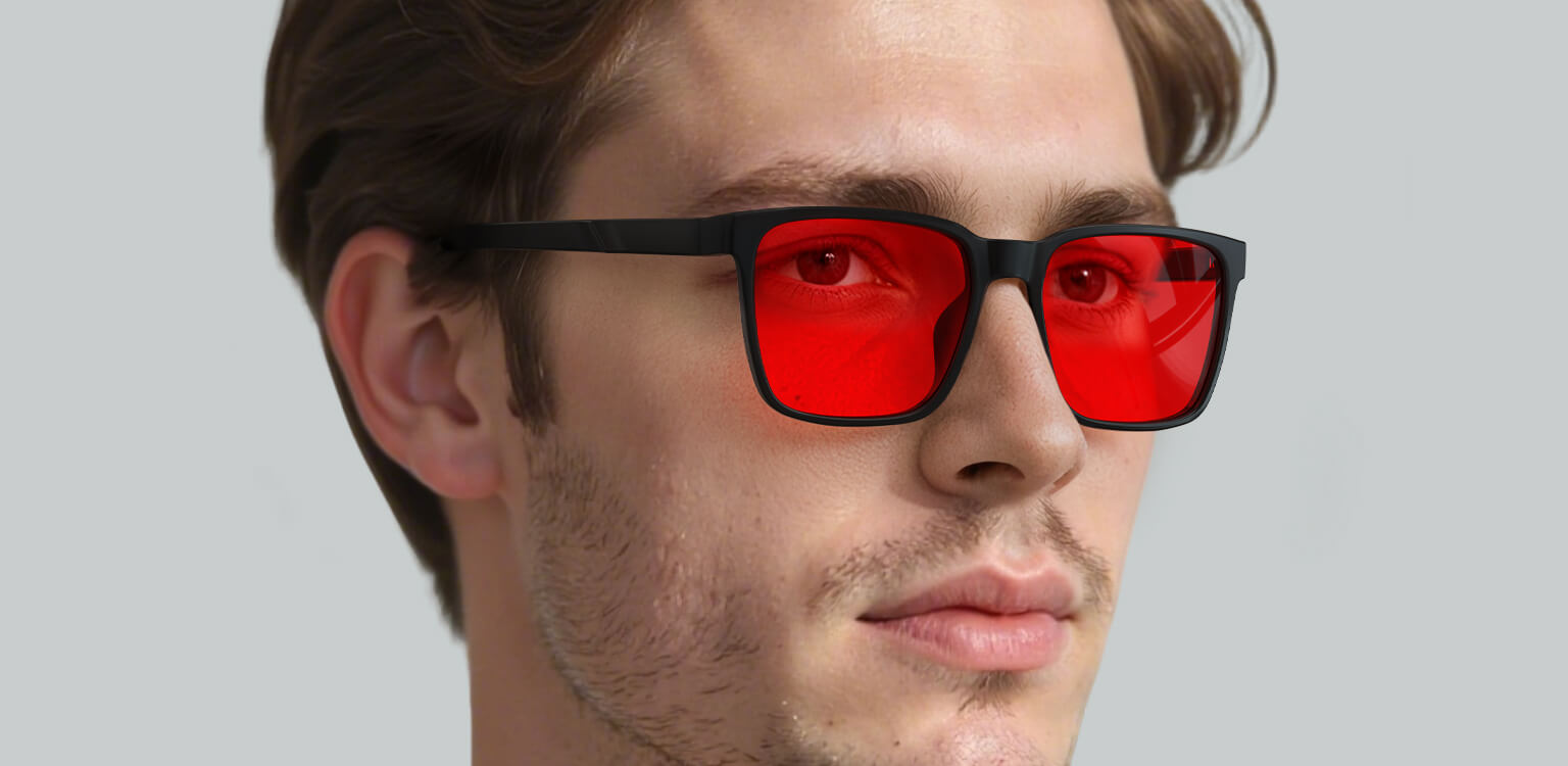 Right side view of man wearing Night Ease™ Square Red Lens Sleep Glasses