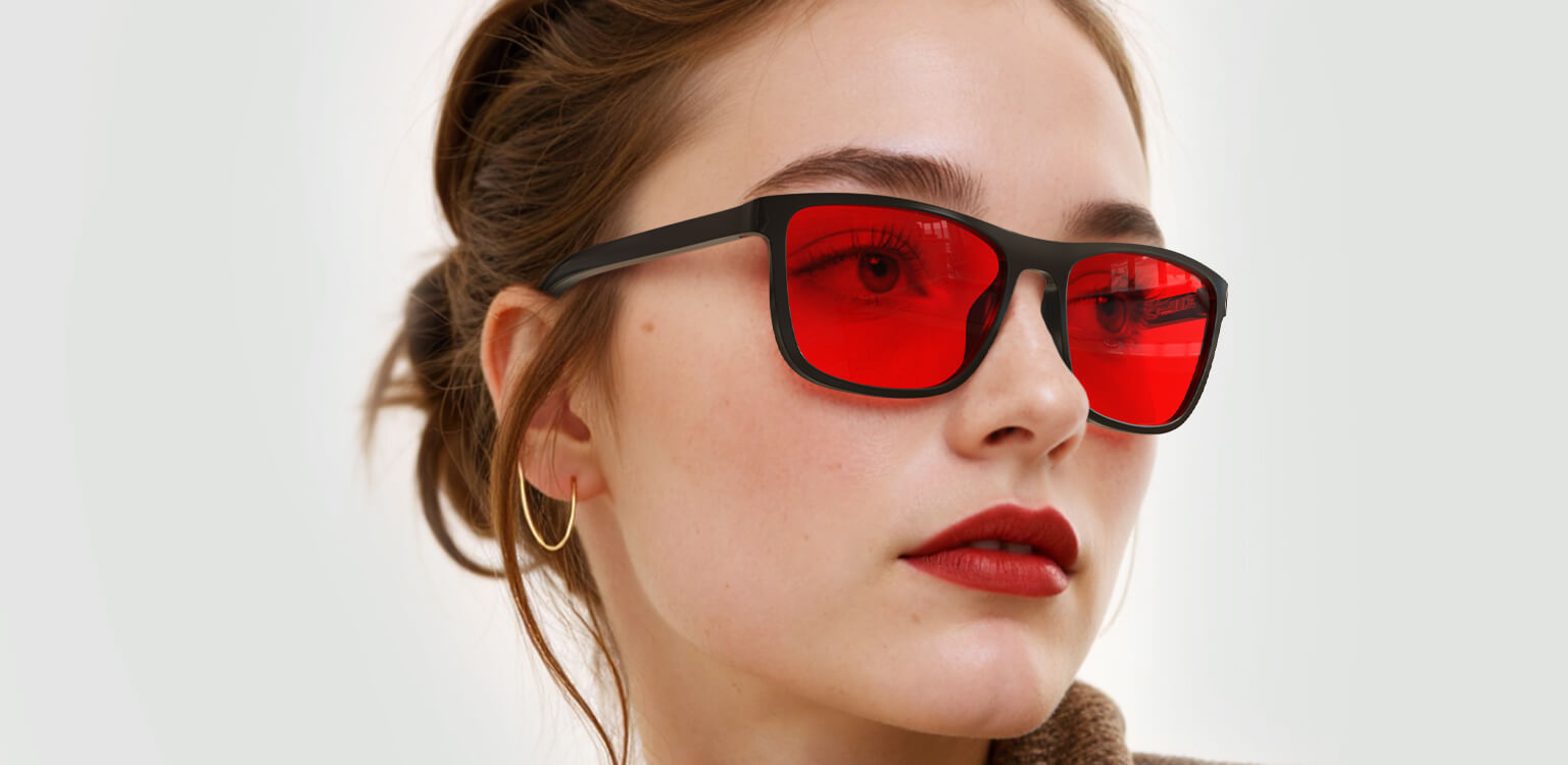 Right side view of woman wearing Night Ease™ Wayfarer Red Lens Sleep Glasses.jpg