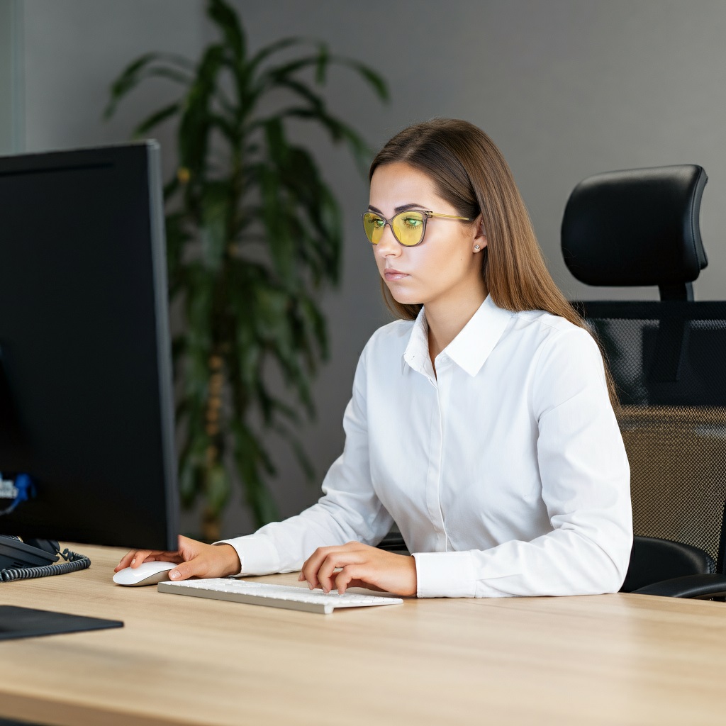 A woman is wearing Sun Boost Cat Eye Screen Glasses with Grey frame in office for daily work