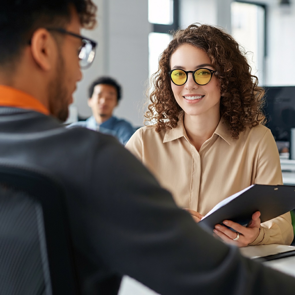 A woman is wearing Sun Boost Round Screen Glasses with black frame in office during a day