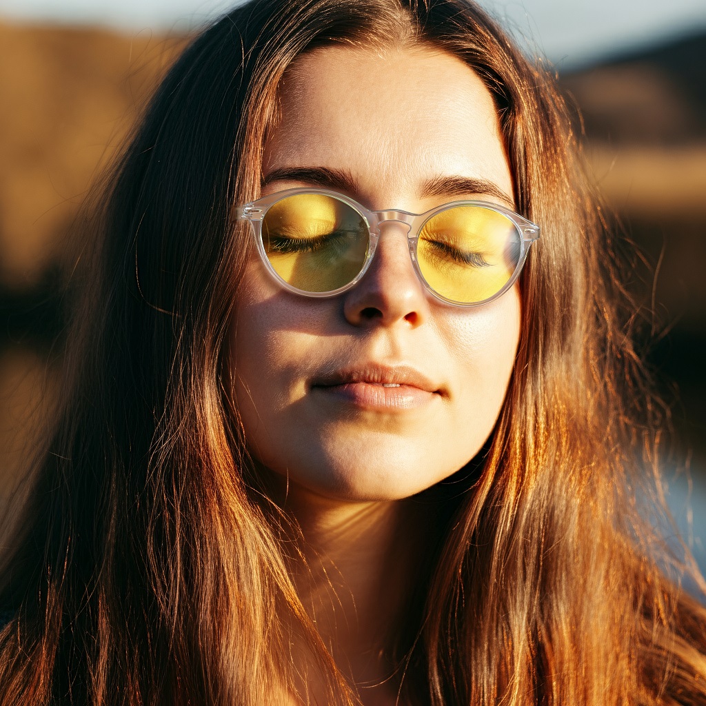 A woman is wearing Sun Boost Round Screen Glasses with clear frame outside