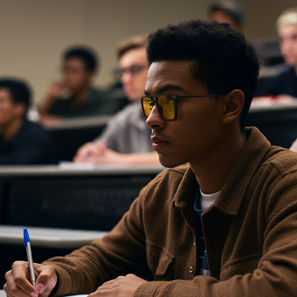 a young student is wearing Sun Boost Square Aviator Screen Glasses with black frame And studying on classes