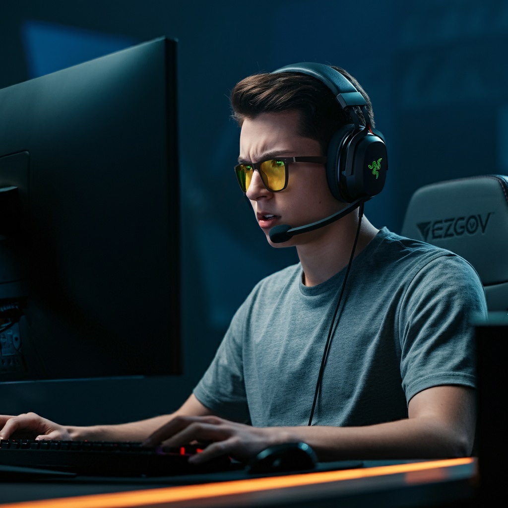 a young man is wearing Sun Boost Square Screen Glasses with black frame playing video games