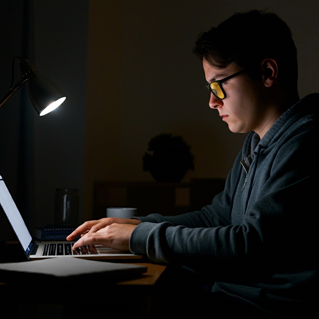 Someone is wearing Sun Boost Wayfarer Screen Glasses with black frame working at night