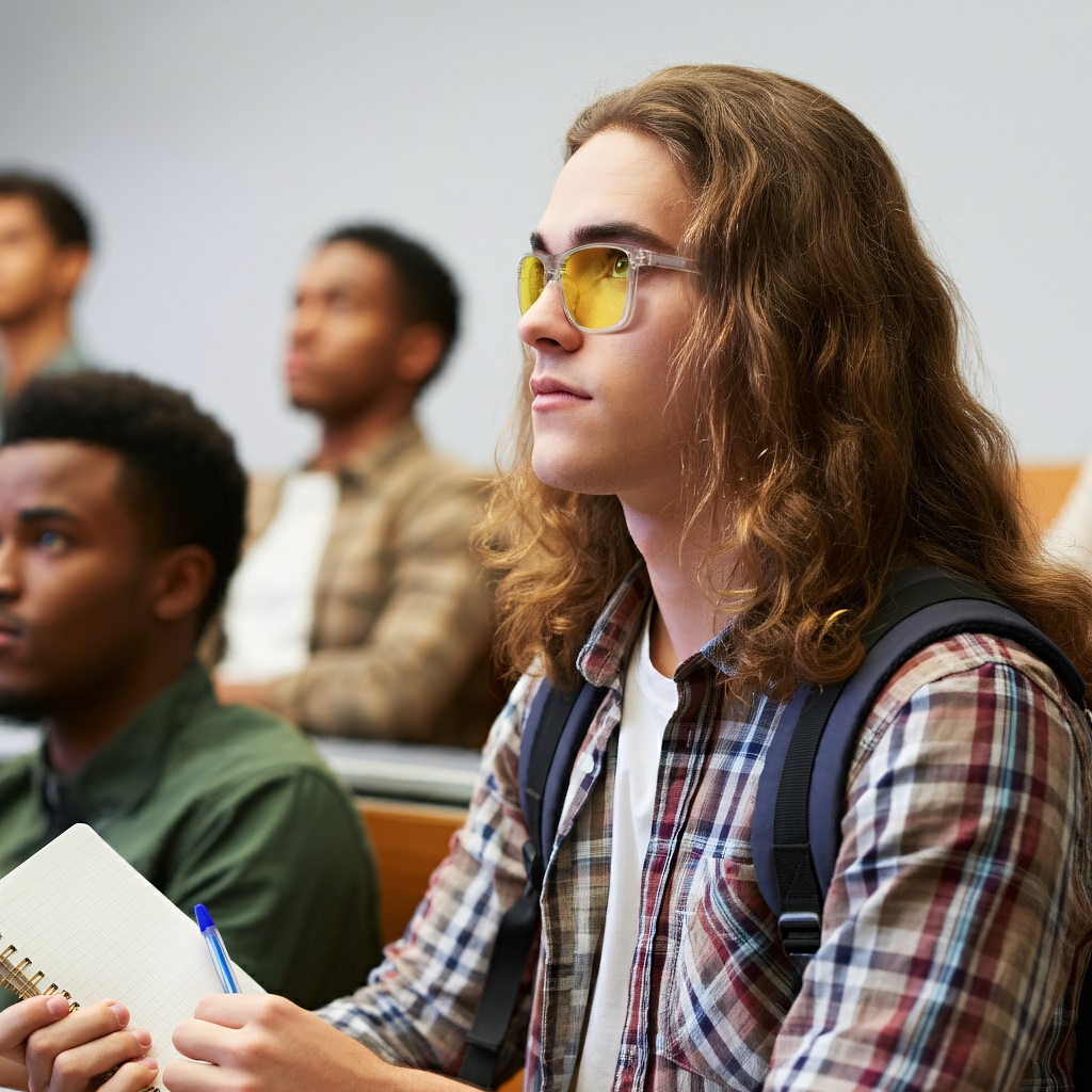 a student is wearing Sun Boost Wayfarer Screen Glasses with clear frame on class