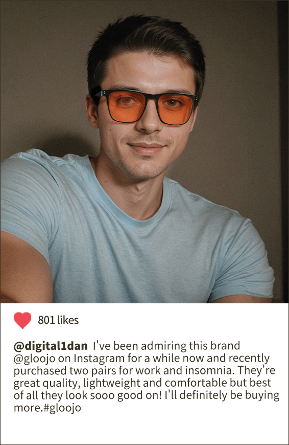 Wearing gloojo nightease blue light blocking glasses and sharing on Instagram