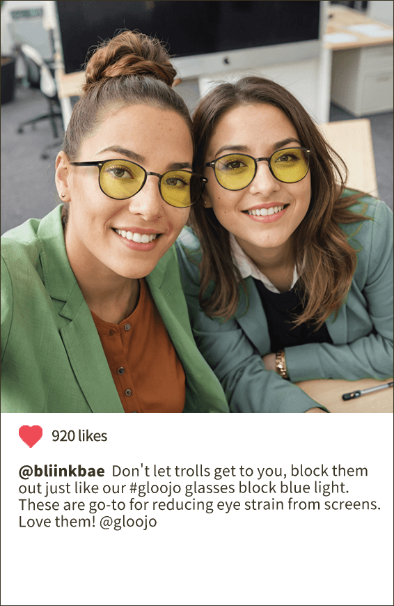 Wearing gloojo sunboost blue light blocking glasses and sharing on Instagram