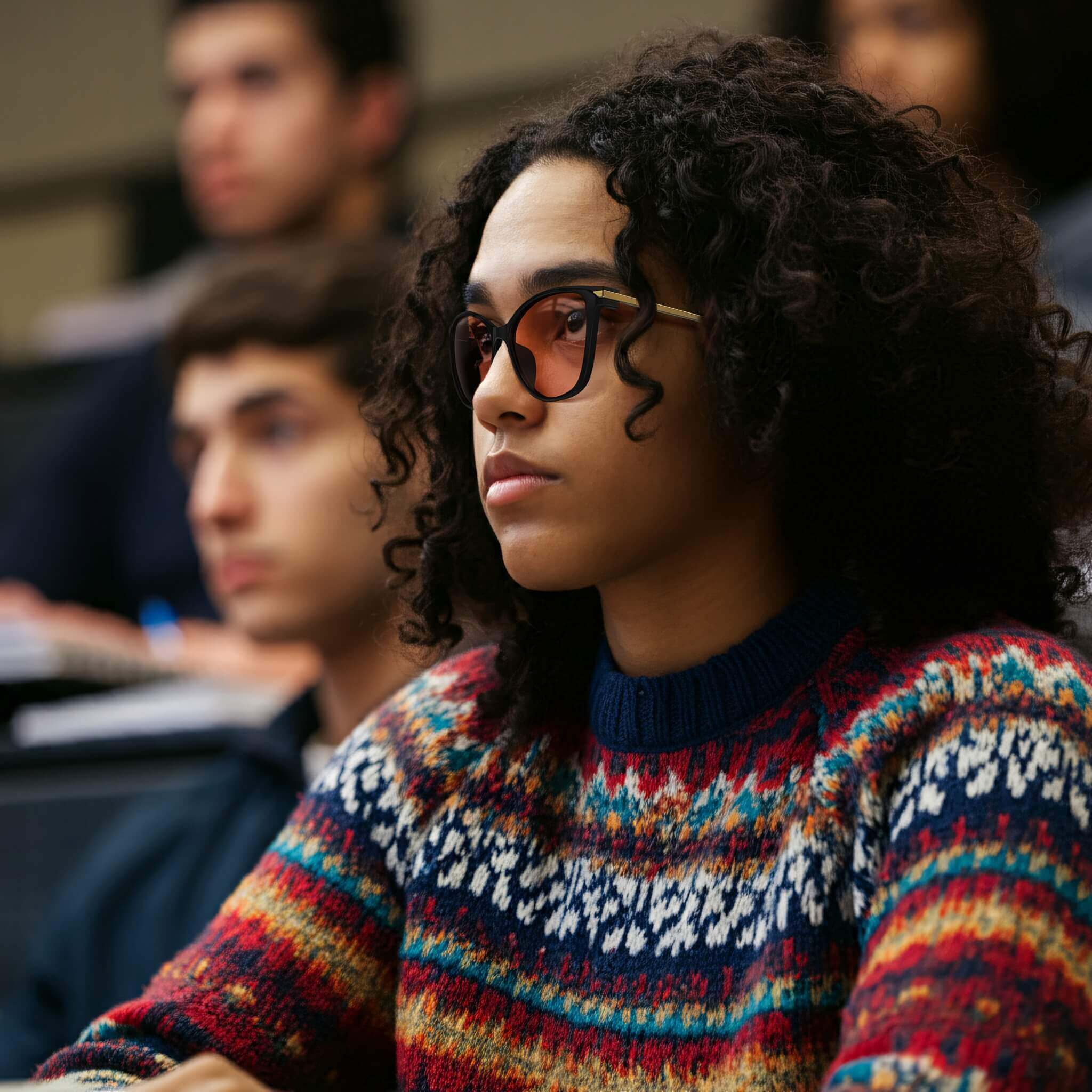 a female student si on class with rose relief cat eye migraine glasses