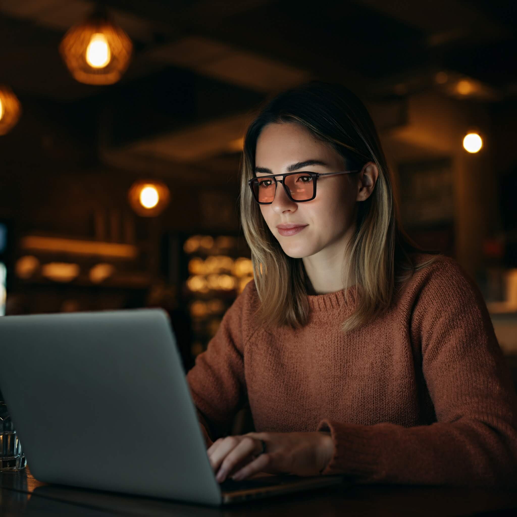 a lady is working with rose relief square aviator migraine glasses in a bar