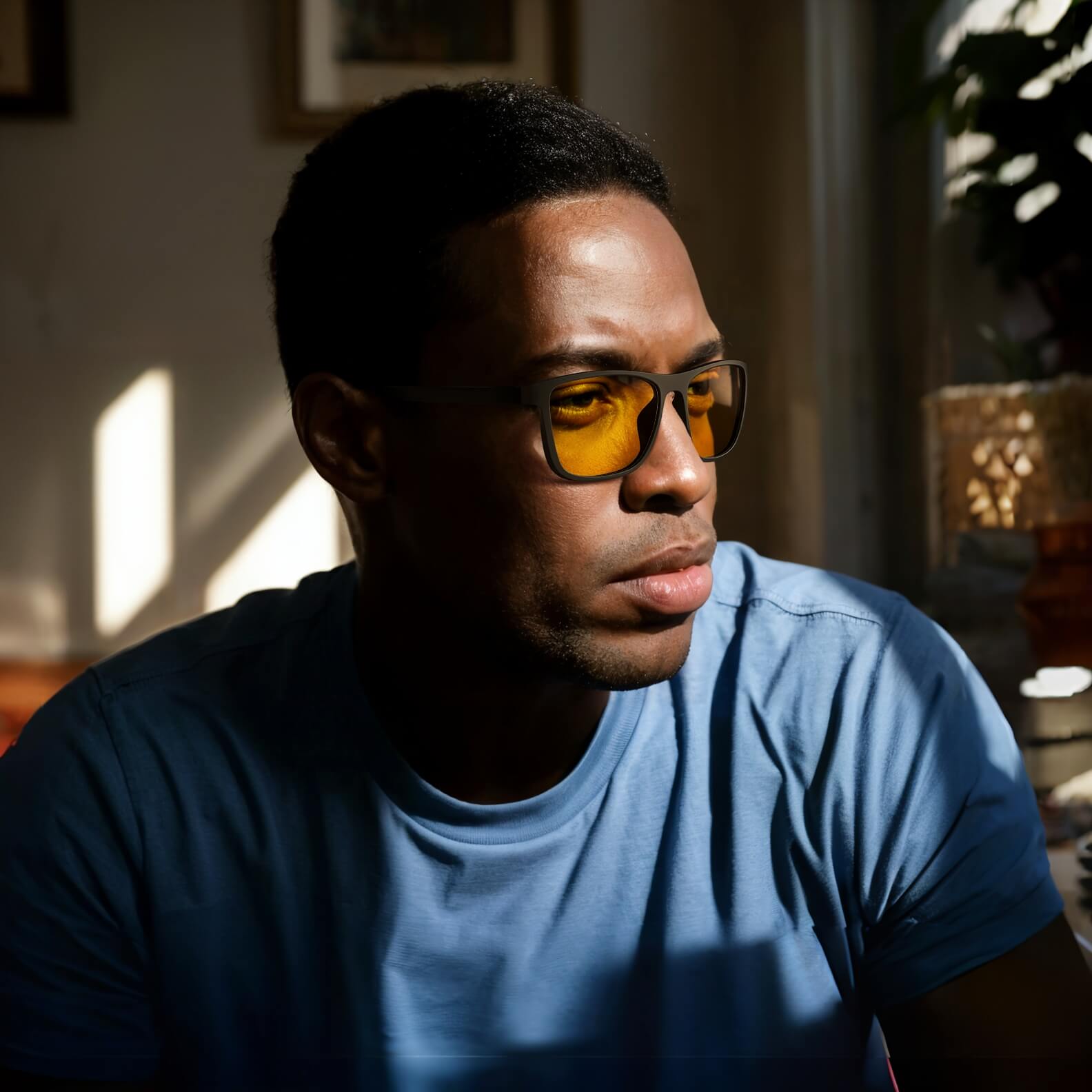 a man is wearing amber shield wayfarer light sensitivity glasses with black frame at home during the day for blocking artificial light