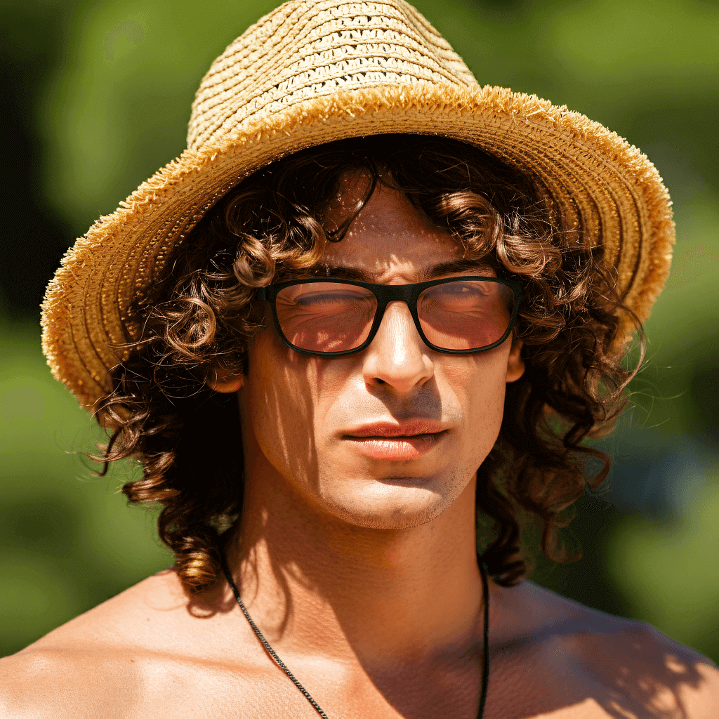 a man wearing rose relief rectangle migraine glasses for Block out the glare of the sun