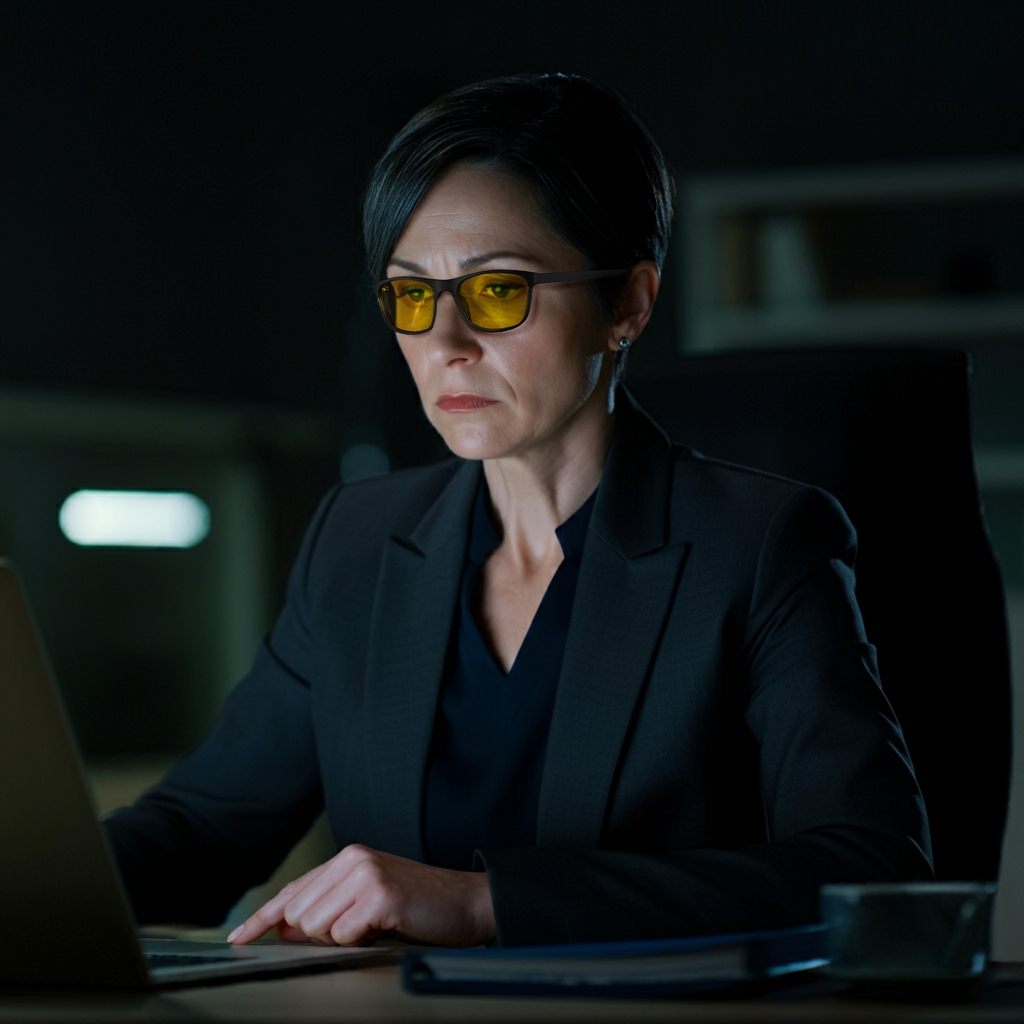 a woman is wearing amber shield rectangle light sensitivity glasses with black frame to wind down during working time at night