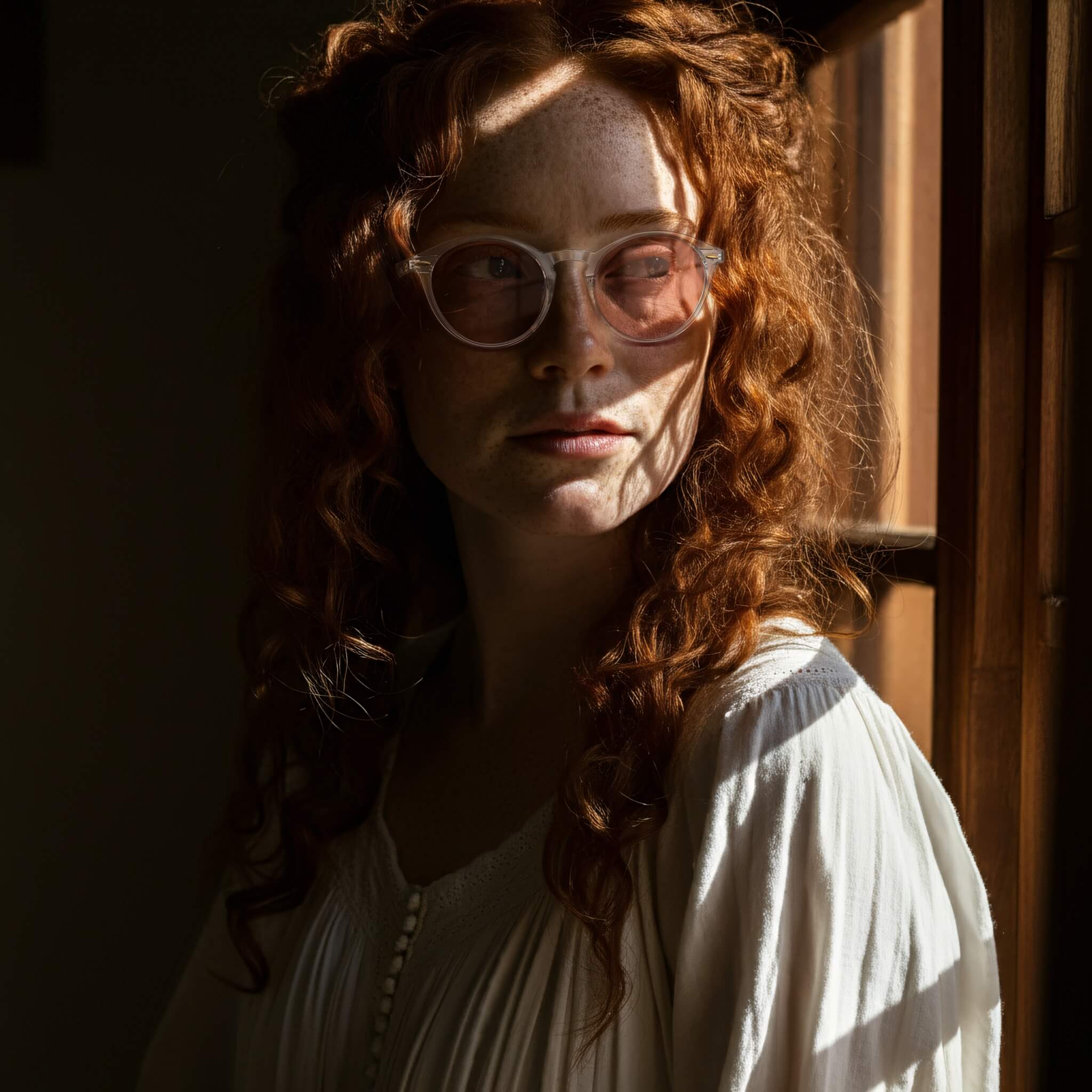 a woman who wearing rose relief round migraine glasses is standing before window and looking outside