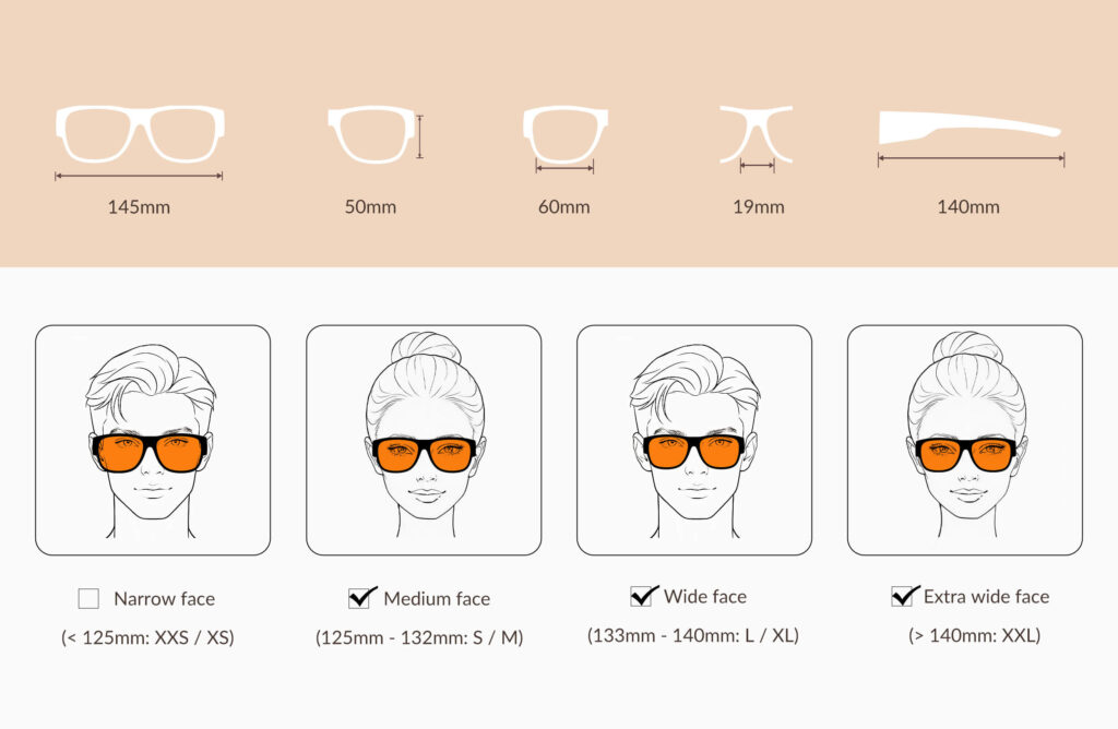 glasses-size-chart-of-Night Ease™ Square Fitover Orange Sleep Glasses – Regular Fit