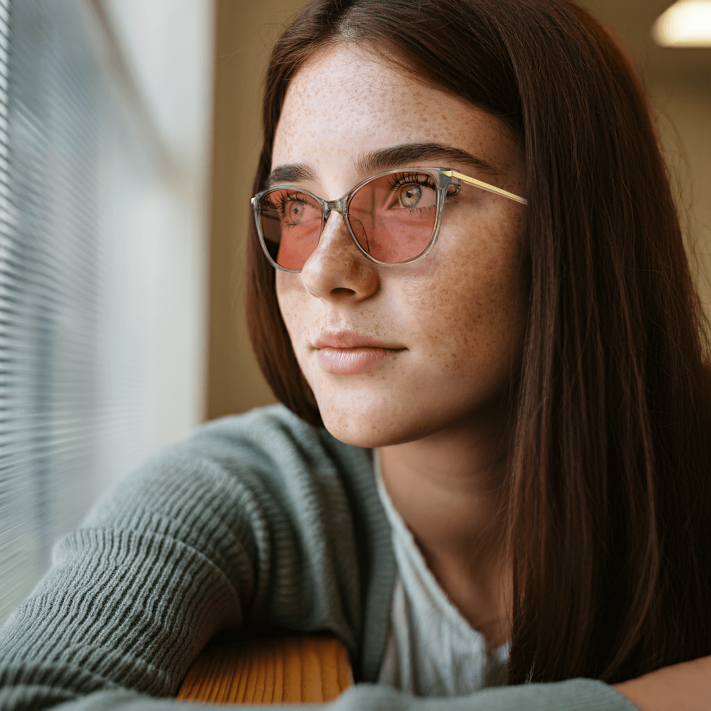 a woman is wearing rose relief cat eye migraine glasses and sitting in front of the window and looking outside