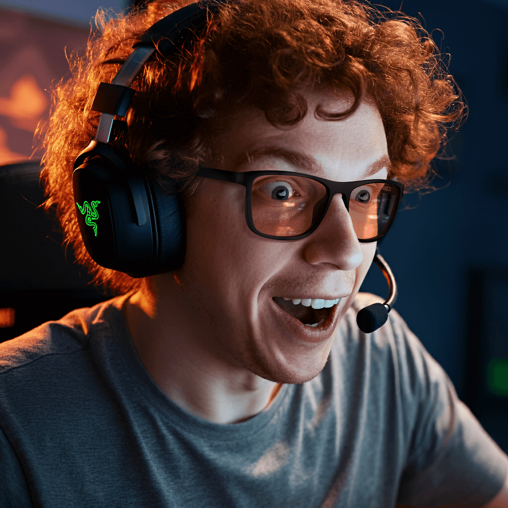 a young man is wearing rose relief wayfarer migraine glasses and playing video games