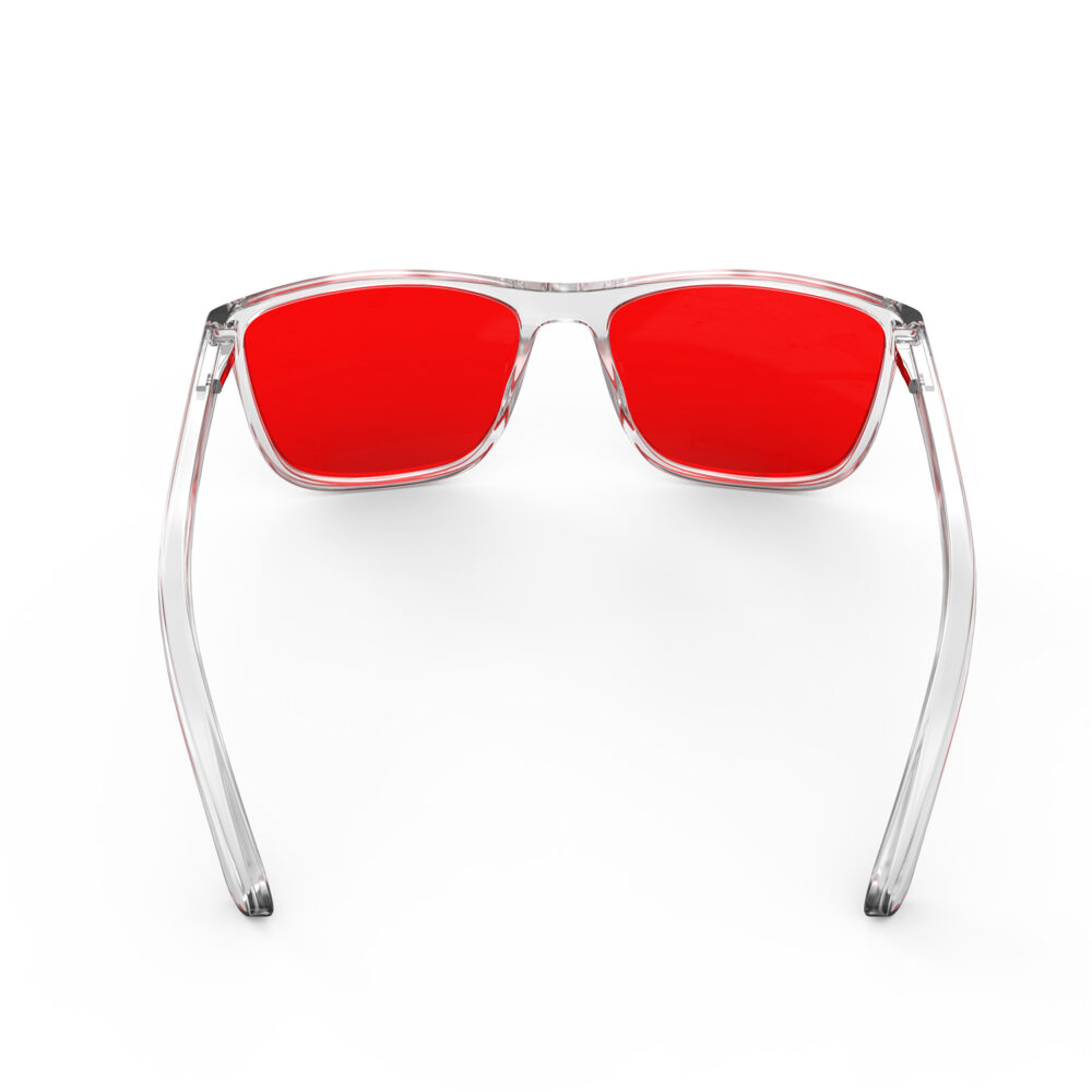 A Back view of Gloojo Night Ease Wayfarer Red Lens Glasses for sleep-clear